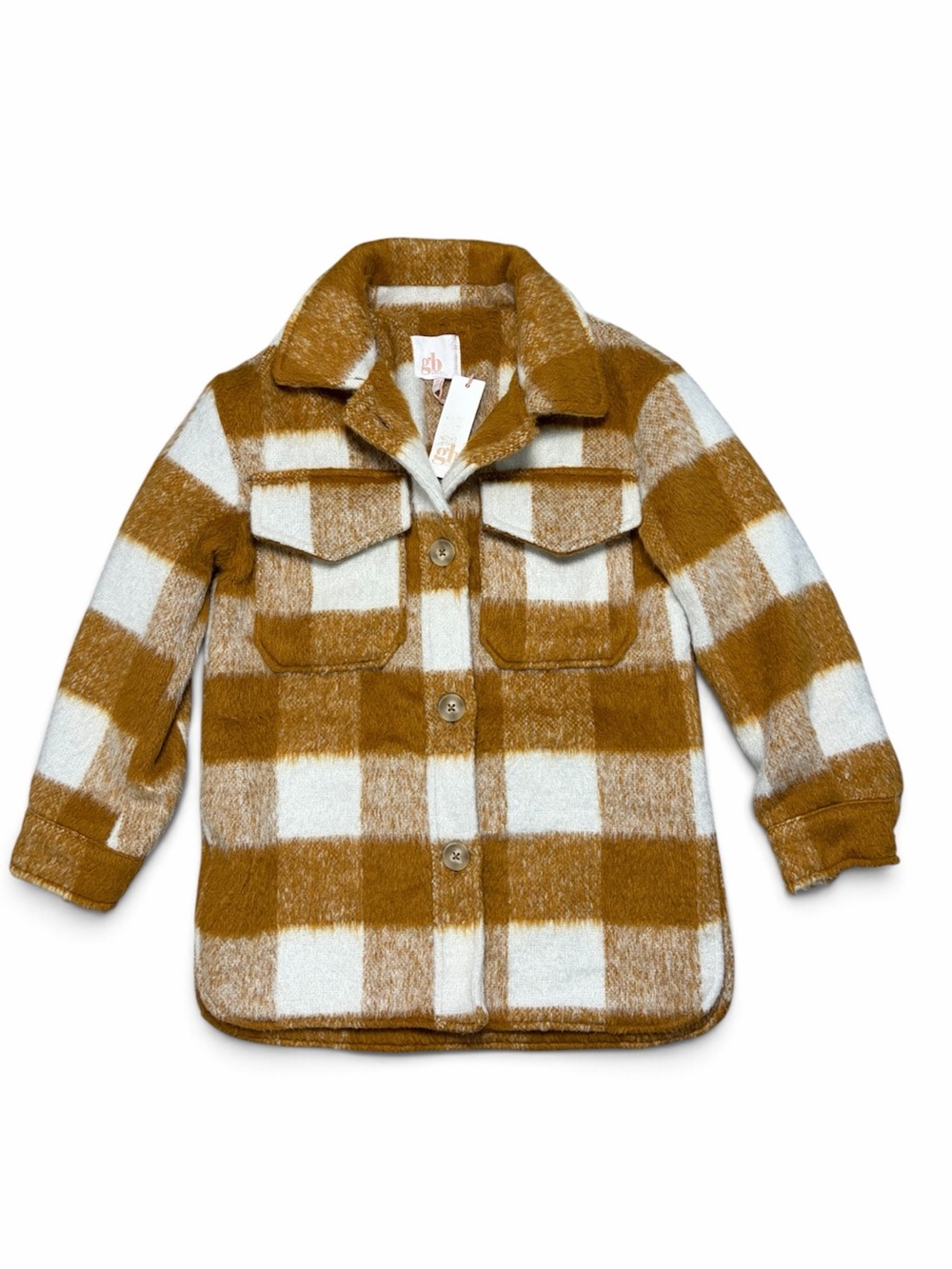 GB Girls Plaid Fuzzy Shacket Coat Brown Cream Size Medium NWT